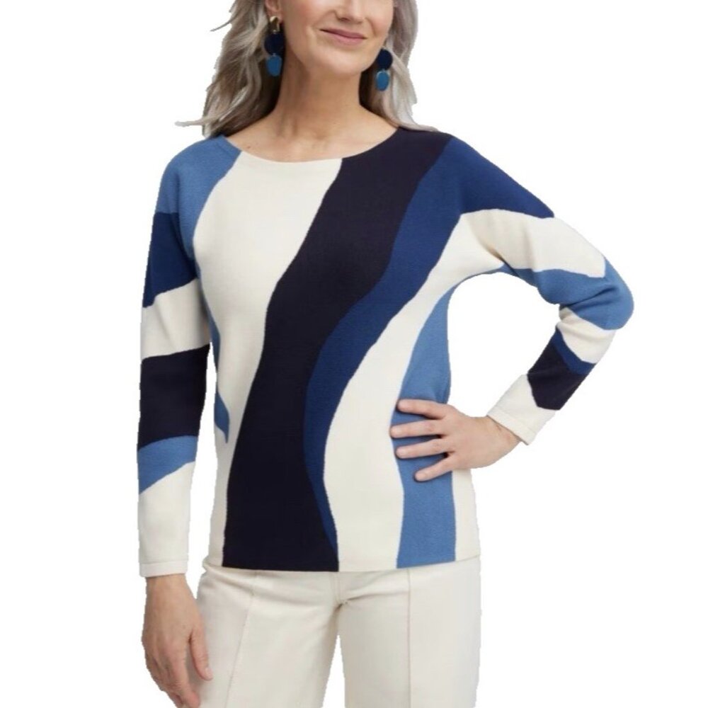 Chicos Sweater 4 XXL Azores Blue Cream Dolman Sleeve Washable Stretch Knit NEW